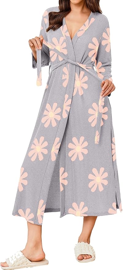 Ekouaer Women's Robe Long Waffle Knit Bathrobe Lightweight Soft Kimono Robes Loungewear S-XXL