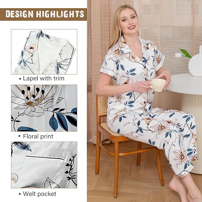 WJing Yi Jia Womens Pajamas Set XS-4XL Floral Silk Satin Pajama Sets Silky Pj Sets 2Pcs Loungewear Sleepwear Button Down Pjs