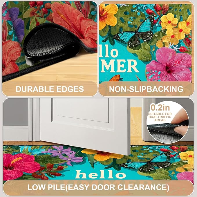 Hello Summer Area Rug 2x3 ft Entry Rug Washable Boho Rugs Non Slip Low Pile Floral Door Mat Small Carpet for Bedroom, Bedside, Kids Room, Office, Dining Room