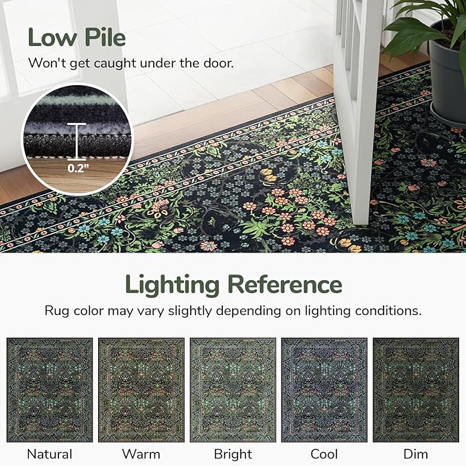Lessymo Floral Black Green Washable Rugs 8x10, Living Room Area Rug Non Slip Boho Low Plie Large Carpet for Bedroom Dining Room Home Office, Vintage Flower Decor Distressed Retro Indoor