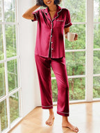Ekouaer Silk Satin Pajamas Set Women Short Sleeve Sleepwear Soft Button Down Loungewear Pjs Set
