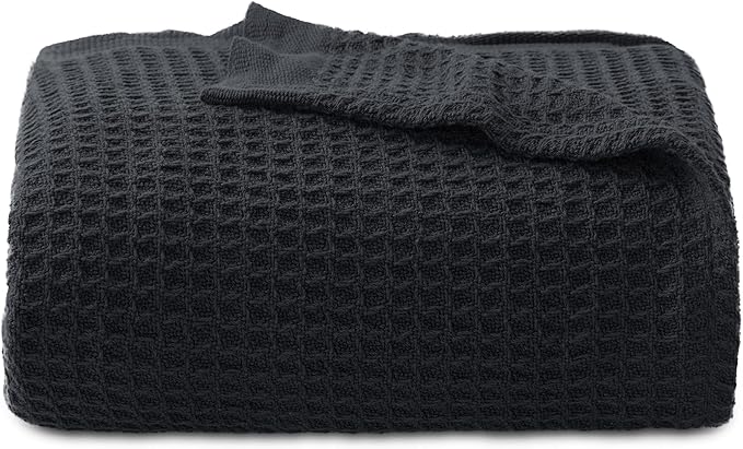 Bedsure Gentlesoft 100% Cotton Throw Blanket for Couch 50x70 inches - Cooling Breathable and Soft for Spring Summer, Waffle Weave Throw Blanket for Office, Black