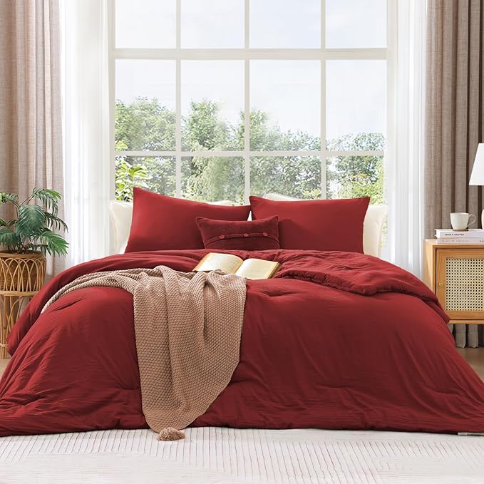 WRENSONGE King Size Comforter Set - 3 Pieces Bright Red Comforter Prewashed Soft Lightweight for All Seasons,Fluffy Down Alternative Comforter King Size with 2 Pillow Shams