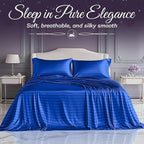 SLEEP SANCTUARY Satin Sheets Full Size – 4 Piece Luxury Silky Bed Set, Softer Than Silk, 15" Deep Pocket, Cooling & Wrinkle-Free, Moisture-Wicking & Breathable for Hair & Skin (Striped Blue)