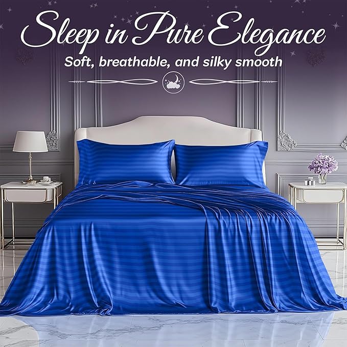 SLEEP SANCTUARY Satin Sheets Queen Size – 4 Piece Luxury Silky Bed Set, Softer Than Silk, 15" Deep Pocket, Cooling & Wrinkle-Free, Moisture-Wicking & Breathable for Hair & Skin (Striped Blue)