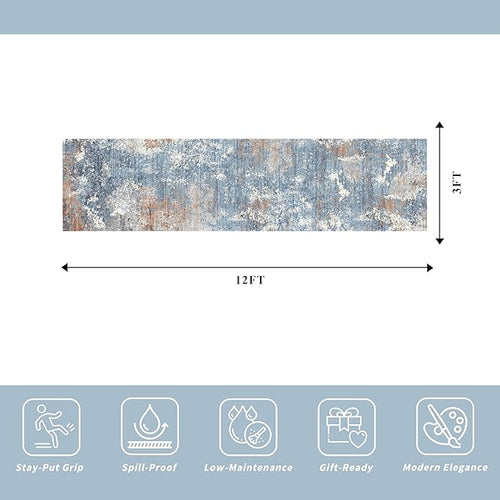 3x12 ft Long Hallway Runner Rug – Non-Slip Washable Carpet Runners for Kitchen Entryway Bathroom Modern Abstract Neutral Low-Pile Thin Stain-Resistant (Blue Rust,3x12)
