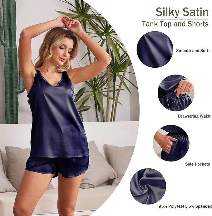 MOYEE Women Silk Pajama Set Soft Satin V Neck Tank Top and Shorts 2 Piece lounge Sets with Pockets