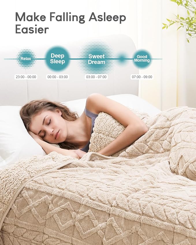 Cottonblue Jacquard Weighted Blanket 15 lbs for Adults Queen Size, Ultra Soft Sherpa Fleece Blanket for Relax and Sleep, Cozy Comfort Heavy Bed Blankets with Glass Beads, 60x80 Inches, Beige