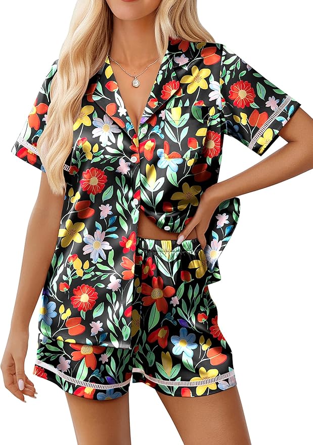 Ekouaer Womens Silk Pajama Sets Button Up Satin Pjs Short Sleeve 2 Piece Pj Sets Cute Lounge Sets with Chest Pocket