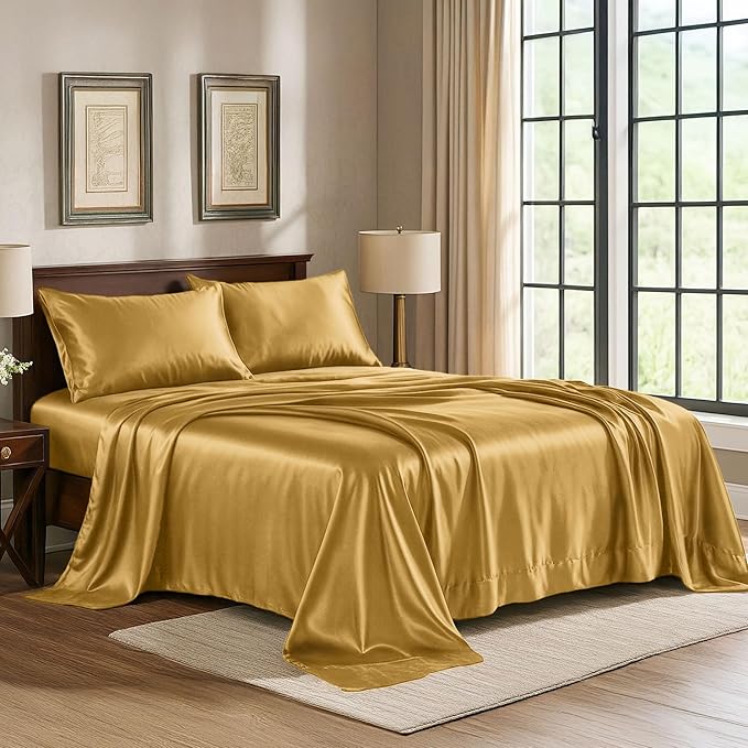 Satin Sheets California King [4-Piece, Gold] Luxury Silky Bed Sheets - Extra Soft 1800 Microfiber Sheet Set, Wrinkle, Fade, Stain Resistant - Deep Pocket Fitted Sheet, Flat Sheet, Pillow Cases