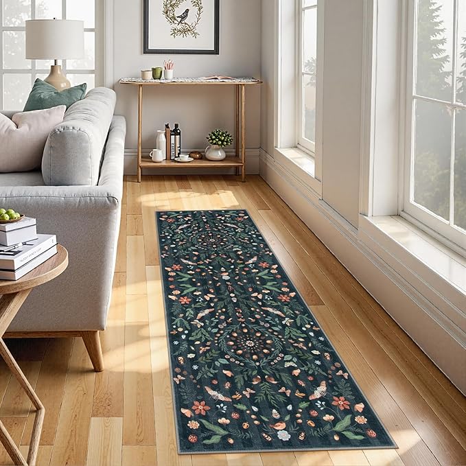 Lahome Insect Botanical 2'6"x8 Washable Black Hallway Runner Rug,Kitchen Runner Rugs Non Skid Bathroom Carpet Runners,Soft Non-Slip Indoor Rug Runners for Entryway Laundry Bedroom(Black,2'6"x8)