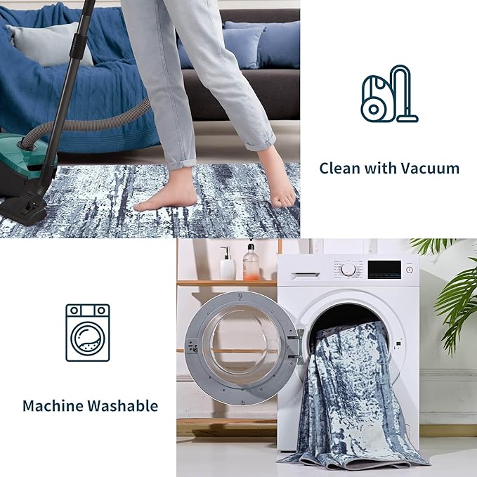 Area Rug 8x10 Washable Rugs Modern Abstract Blue Area Rug Soft Non-Slip Non-Shedding Faux Wool Stain Resistant Floor Carpets for Living Room Bedroom Dining Room Kids Room Home Office