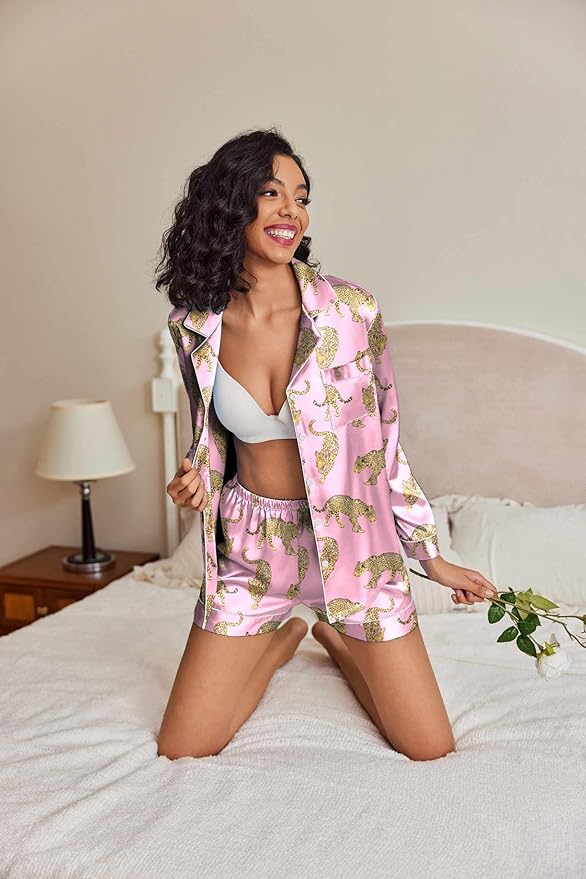 Ekouaer Satin Pajama Set for Women Button Down Pj Set Long Sleeve Top and Shorts 2 Piece Loungewear Summer Soft Sleepwear