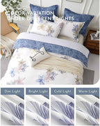 ALEISSEL Natural Cotton 3pcs Floral Comforter Sets Queen Size - Grayish White Comfoter with Blush & Tan Floral Print, Aegean Blue Reverse, Vintage Lightweight Bedding Sets(Queen 90"×90")