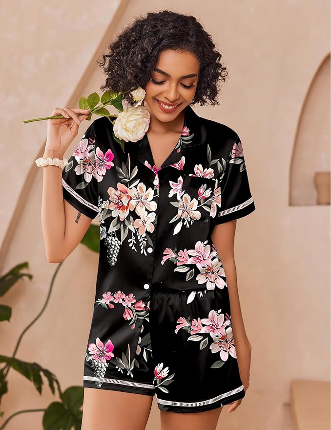 Ekouaer Womens Silk Pajama Sets Button Up Satin Pjs Short Sleeve 2 Piece Pj Sets Cute Lounge Sets with Chest Pocket