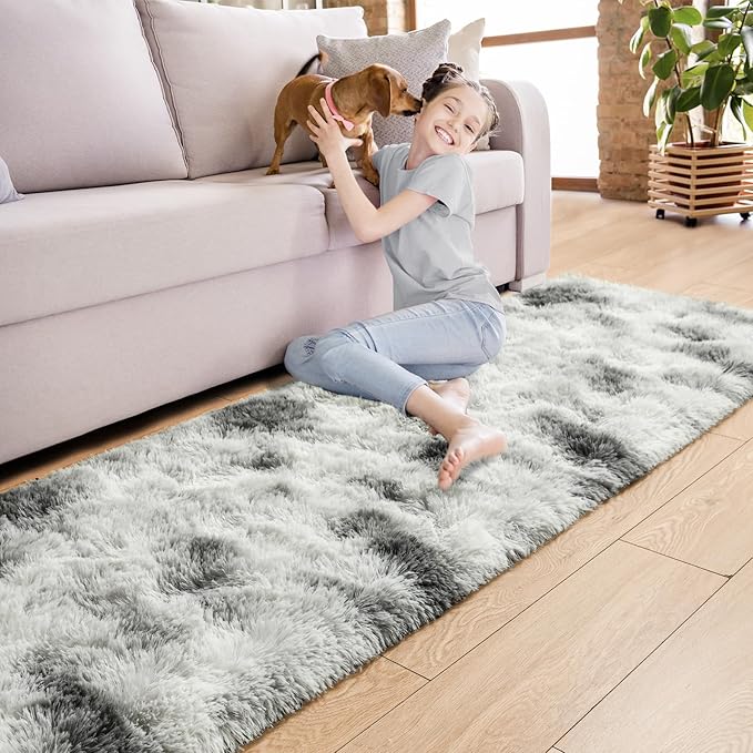 Noahas Runner Rug for Hallway,2'x6' Tie-Dyed Grey and White Long Area Rugs for Bedroom Living Room,Non Slip Thick Shag Carpet for Entryway Dorm Bedside Kids Room