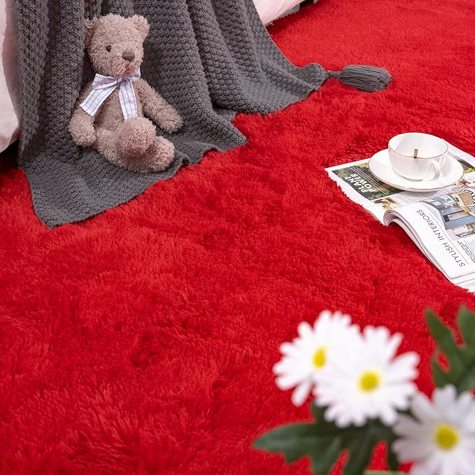 DETUM Red Shaggy Runner Rug 2x4 Fluffy Hallway Runners for Bedroom Bedside Soft Rugs for Kids Room Non-Slip Nursery Office Dorm Washable Carpets Home Decor