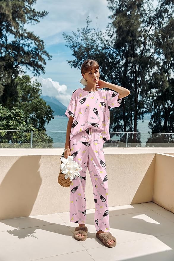 Ekouaer Womens Satin Silky Pajama Set Short Sleeve Shirt with Long Pajama Pant Set Soft PJ Loungewear