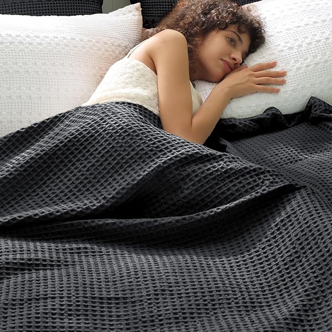 PHF Ultra Soft Waffle Weave Blanket King Size 104"x 90"- Washed Lightweight Breathablee Cozy Woven Blanket - Great for Couch Bed Sofa Home Car - Black