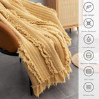 Ultra Soft Pre-Washed Quilted Boho Yellow Twin Size Blankets for Bed, Ruffle Fringed Decorative Throw, Stone Washed Chic Rustic Blanket for Sofa Couch Bed, 60"*80"