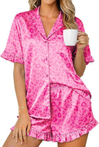 Ekouaer Womens Satin Pajamas Set 2 Piece Button Down Silk Pjs Ruffle Short Sleeve Shorts Set Notch Collar Sleepwear