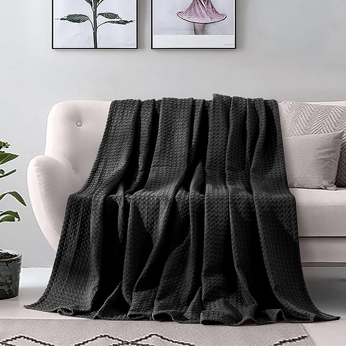Elegant Comfort Premium 100% Cotton Waffle Blanket - Lightweight Breathable Waffle Weave Bed Blanket - Soft and Warm All Season Blanket for Couch, Sofa and Bed, Twin Size 68x88 Inches, Black