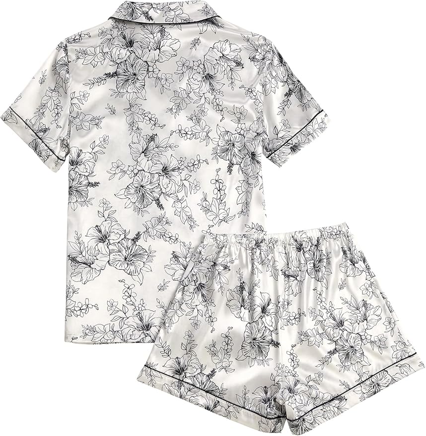 LYANER Women's Silky Satin Pajamas Set Short Sleeve Button Down Shirt With Shorts Pjs Set Sleepwear