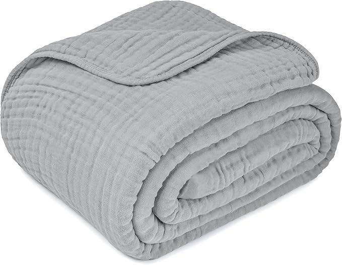 Comfy Cubs Muslin Blanket for Adults Queen 90" x 90" - 6 Layer Soft, Breathable & Lightweight Muslin Adult Blanket - Machine Washable & Designed in The US Bedding for All Seasons - Heather Blue