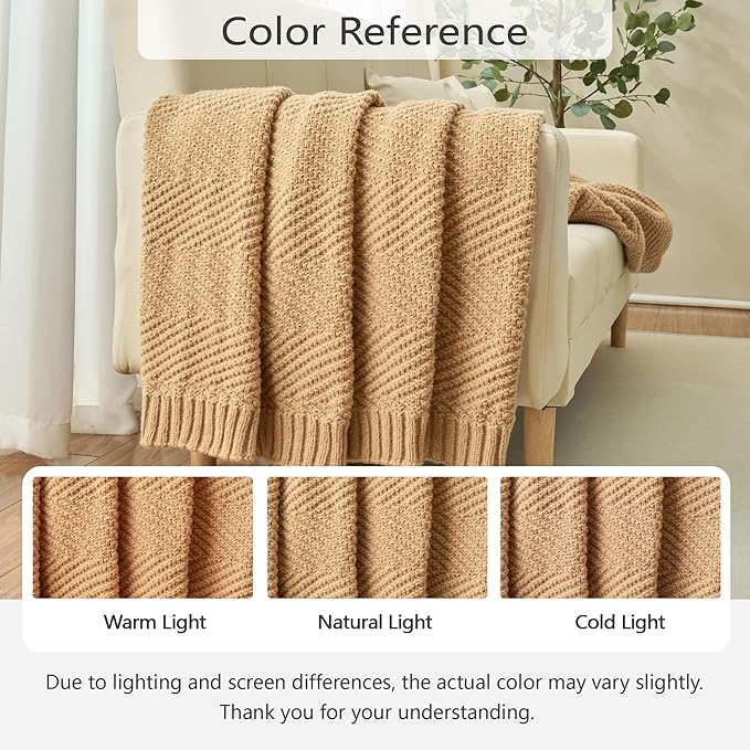 Knitted Throw Blanket 60"X80", Tan Brown Knit Throws for Bed, Super Soft Boho Chevron Blankets for Couch Sofa Chair Room Decor, Textured Decorative Farmhouse Cozy Lightweight