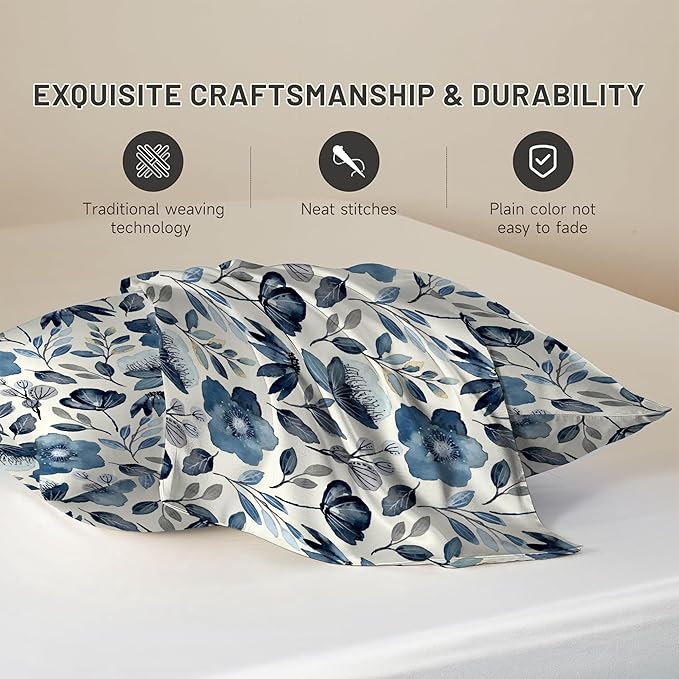 Imitation Silk Pillow Case for Hair and Skin Watercolor Blue Floral Leaves Queen Size 1 Pack Satin Pillow Cases with Zipper Super Soft Pillow Cover for Women Bed Sleeping, 20x30 Inches