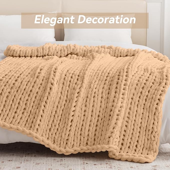 Negwoo Chunky Knit Throw Blanket, 50''*60'' Knitted Throw Chenille Yarn for Bed Couch, Handmade Beige Crochet Big Thick Blanket, Machine Washable Cute Comfy Blanket for Home Decor