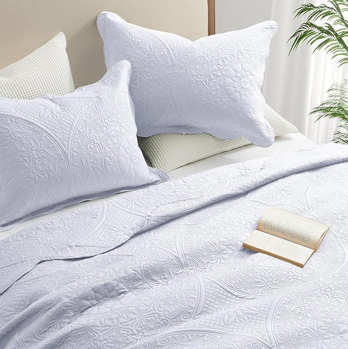 IR Imperial Rooms Twin Quilt Bedding Set Size (68” x 86”) + 1 Pillow Shams (20” x 26” + 2”) - 2 Pcs All Season Lightweight Reversible Microfiber Coverlet Floral Embossed Quilt Bedspread (White)