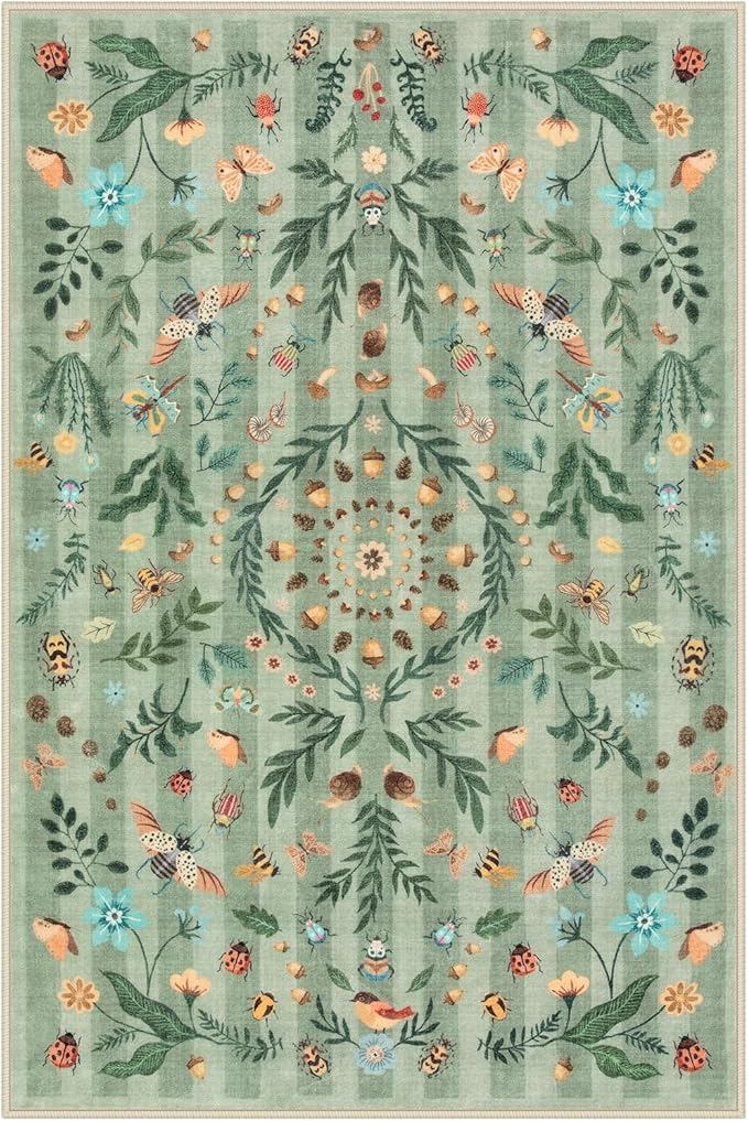 Lahome Chloe Insect Botanical 2x3 Kitchen Rugs Green Door Mat Indoor Entrance,Machine Washable Boho Floral Small Rug,Soft Non-Slip Indoor Carpet Throw Rugs for Entryway Bathroom Laundry(Green,2x3)