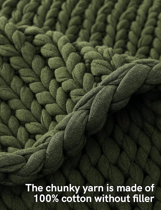 YnM Cotton Weighted Blanket, Handmade Chunky Knitted Design, Soft and Cozy, Temperature Regulating and Breathable, Machine Washable Throw for Sleep or Home Decor (Pine Green, 60x80 Inch, 25lbs)