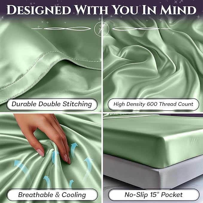SLEEP SANCTUARY Satin Sheets King Size – 4 Piece Luxury Silky Bed Set, Softer Than Silk, 15" Deep Pocket, Cooling & Wrinkle-Free, Moisture-Wicking & Breathable for Hair & Skin (Sage Green)