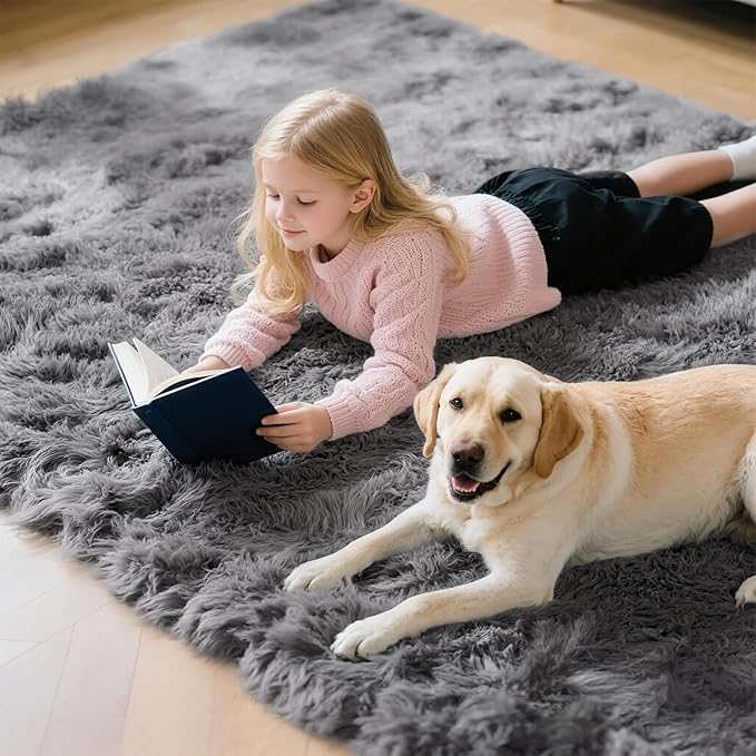 Shag Grey Rug 4x6 Area Rugs for Bedroom Dorm Living Room, Non-Slip Ultra Soft Fluffy Area Rugs for Kids Room, Girls Room, Study, Office, Playroom, Easy to Clean, Modern Carpet Décor