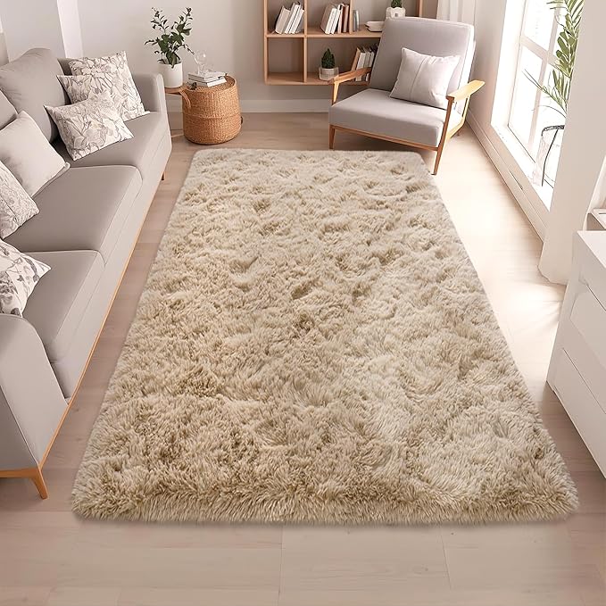 Beige Rugs for Bedroom 6x9 ft - Ultra Soft Faux Fur Area Rug - Plush Non-Slip Shaggy Carpet for Living Room, Cozy Fluffy Rug for Kids Boys Girls Dorm Nursery Room, High Pile Floor Carpet
