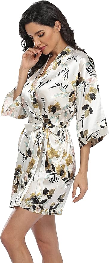 Women's Floral Satin Robes Bride Bridesmaid Getting Ready Robe Short Silky Kimono Sleepwear for Wedding Party