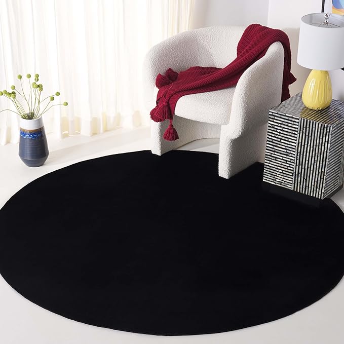 SAFAVIEH Washable Rug Faux Rabbit Fur Shag Collection - 4' Round, Black, Slip Resistant & Easy Cleaning, Ideal for Living Room, Bedroom, Nursery, Foyer, Kids Playroom, Dining Space (FRF100Z)