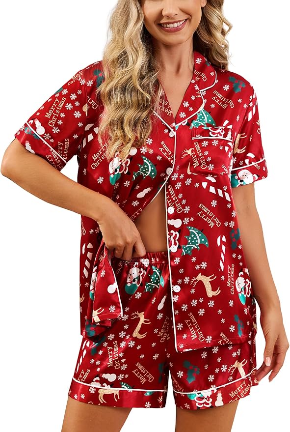 SWOMOG Womens Silk Satin Pajamas Set Short Sleeve Sleepwear Button Down Top and Shorts Loungewear 2 Piece Pjs Set XS-3XL