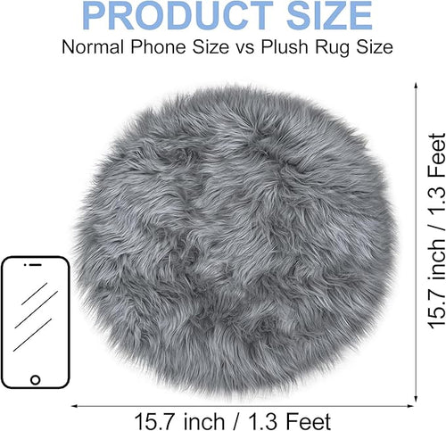 15.7 Inch Grey Mini Round Faux Fur Sheepskin Rugs Small Fluffy Circle Rug for Bedroom Dorm Living Room Shag Circular Carpet Mini Small Size for Nail Desk Sofa Couch Seat Cushion Photographing