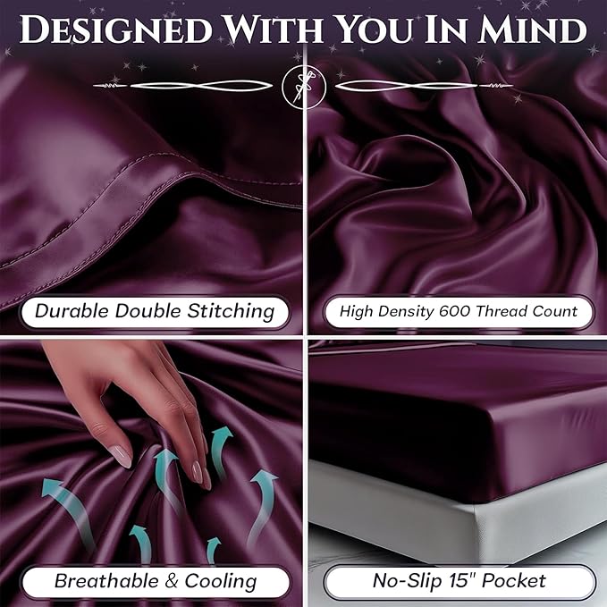 SLEEP SANCTUARY Satin Sheets Twin Size – 3 Piece Luxury Silky Bed Set, Softer Than Silk, 15" Deep Pocket, Cooling & Wrinkle-Free, Moisture-Wicking & Breathable for Hair & Skin (Rosewood)