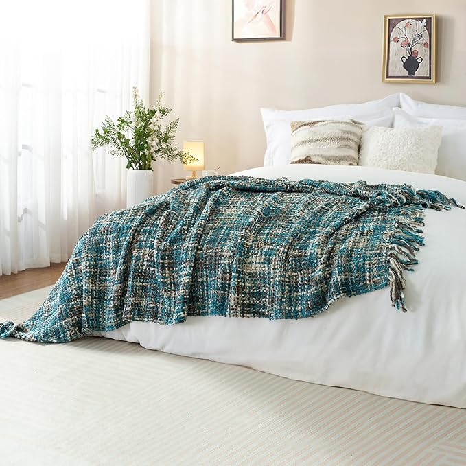 Multi-Color Teal Cable Woven Throw Blanket for Couch,50"X60" Boho Style Textured Blankets for Home Decor,Super Soft Warm Cozy Chunky Blanket with Decorative Tassels for Bed and Sofa