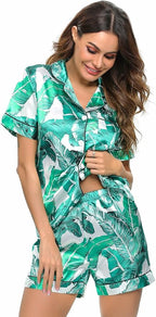 LecGee Womens Silk Satin Pajamas Short Sleeve Loungewear Two-Piece Sleepwear Button-Down Pj Set