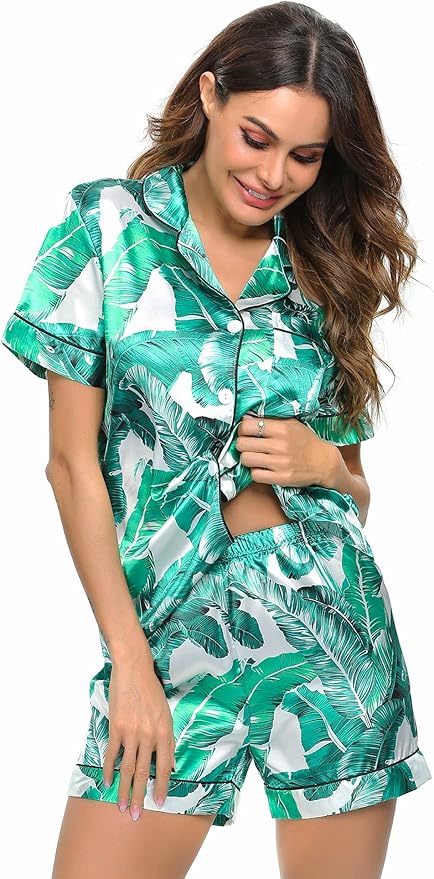 LecGee Womens Silk Satin Pajamas Short Sleeve Loungewear Two-Piece Sleepwear Button-Down Pj Set