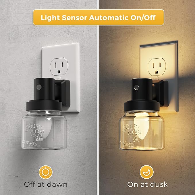 L LOHAS LED Night Lights Plug Into Wall, Mason Jar Nightlight, Dusk to Dawn Sensor, Soft White 3000K, 350°Rotating Mason Jar Nightlight with Farmhouse for Home Vintage Decor