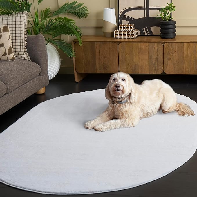 SAFAVIEH Washable Rug Faux Rabbit Fur Shag Collection - 5' x 7' Oval, Ivory, Slip Resistant & Easy Cleaning, Ideal for Living Room, Bedroom, Kids Playroom, Nursery, Dining Space (FRF100A)