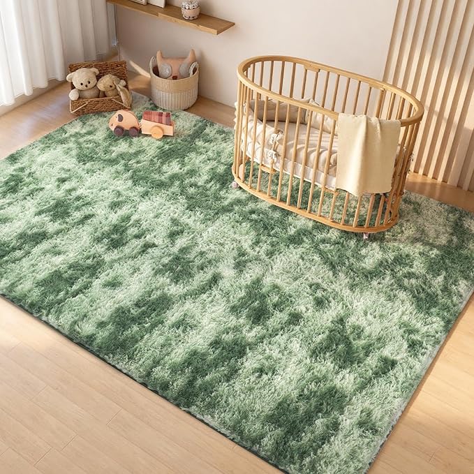 Litanika 3x5 Fluffy Shag Faux Fur Area Rug for Living Room Bedroom, Tie-Dyed Forest Green High Pile Soft Plush Shaggy Furry Bedside Playroom Dorm Carpet, Non-Slip, Non-Shedding Modern Indoor Floor Rug