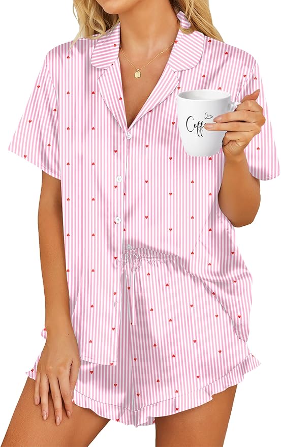 HOTOUCH Womens Satin Pajamas Set Button Down 2 Piece Silk Pjs Shorts Set Ruffle Lingerie Notch Collar Sleepwear
