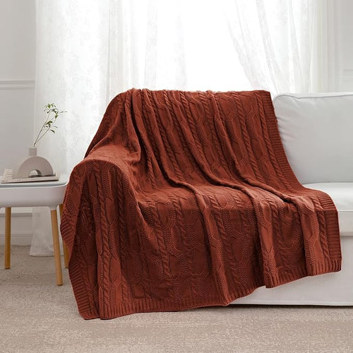Aormenzy Red Brown Knit Throw Blanket - Cable Knit Decorative Soft Cozy Blanket for Sofa Couch Bed, 50" x 60"